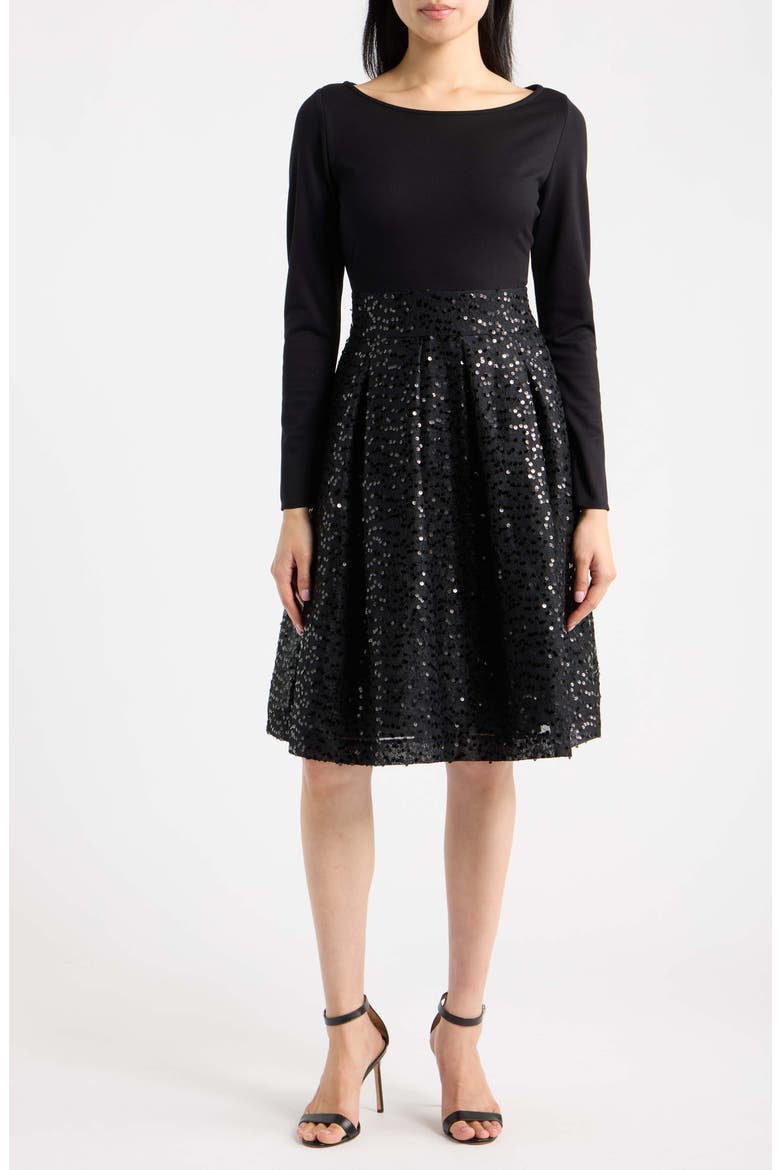 Mixed Media Long Sleeve Dress, Main, color, ANNE BLACK