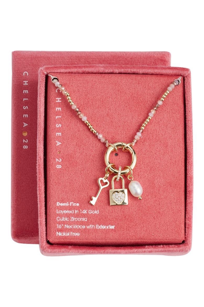 Gift Boxed Demi Fine Cubic Zirconia Bead Lock Charm Necklace, Main, color, BLUSH MULTI- GOLD