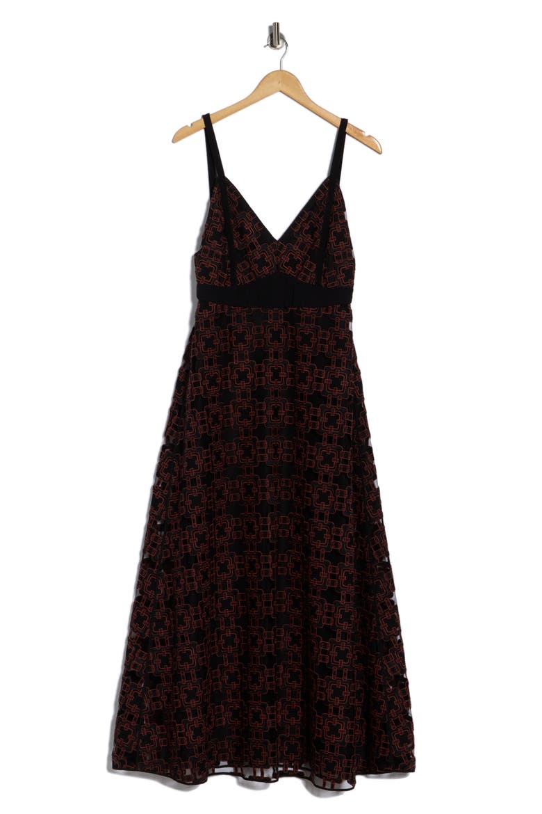 Geometric Burnout Empire Waist A-Line Dress, Main, color, BLACK/ MAHOGANY PRINT