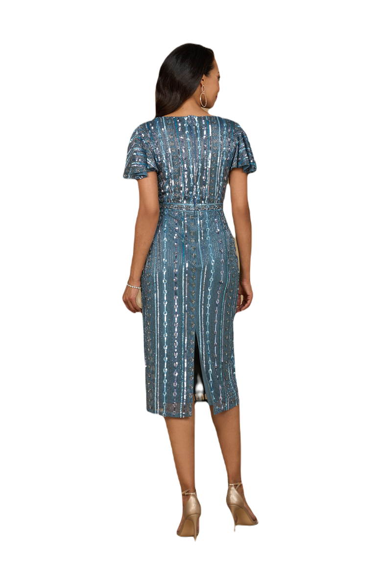 LARA New York Beaded Midi Dress with Flutter Sleeves, Alternate, color, Slate