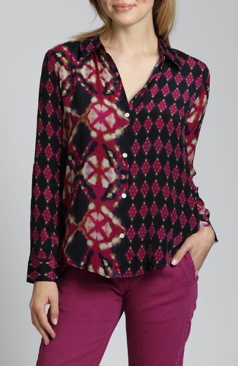 Abstract Print Roll Tab Sleeve Chiffon Button-Up Shirt