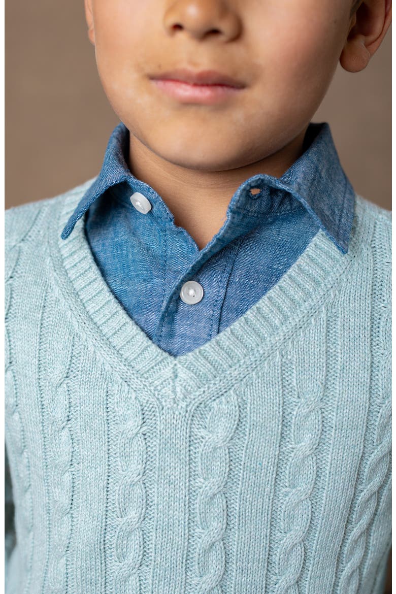 Organic Long Sleeve Fine Gauge Cable V-Neck Sweater, Alternate, color, Dusty Blue Heather Cable