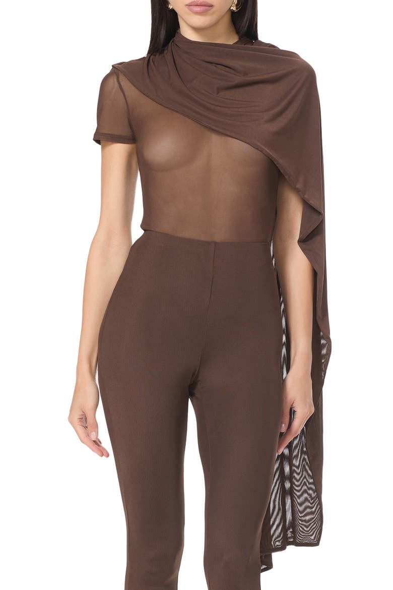 Fiona Asymmetrical Scarf Detail Mesh Top, Main, color, ESPRESSO