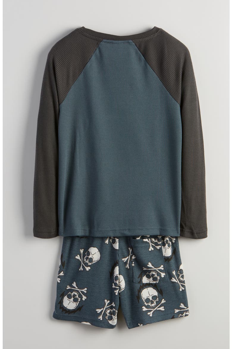 Kids' Two-Piece Henley Short Pajamas, Alternate, color, BLACK- BLUE SKULL BONE