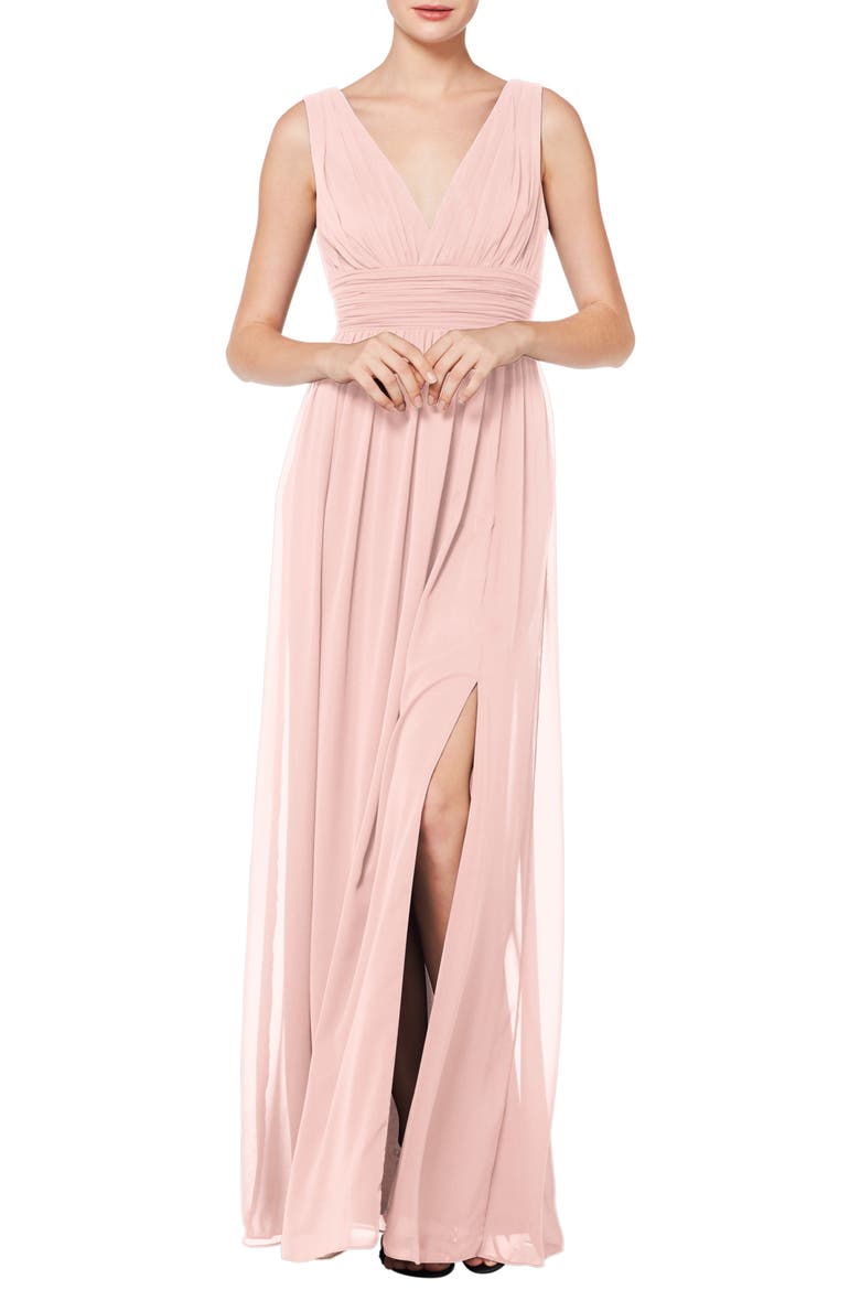 V-Neck Pleat Chiffon A-Line Gown, Main, color, PETAL PINK