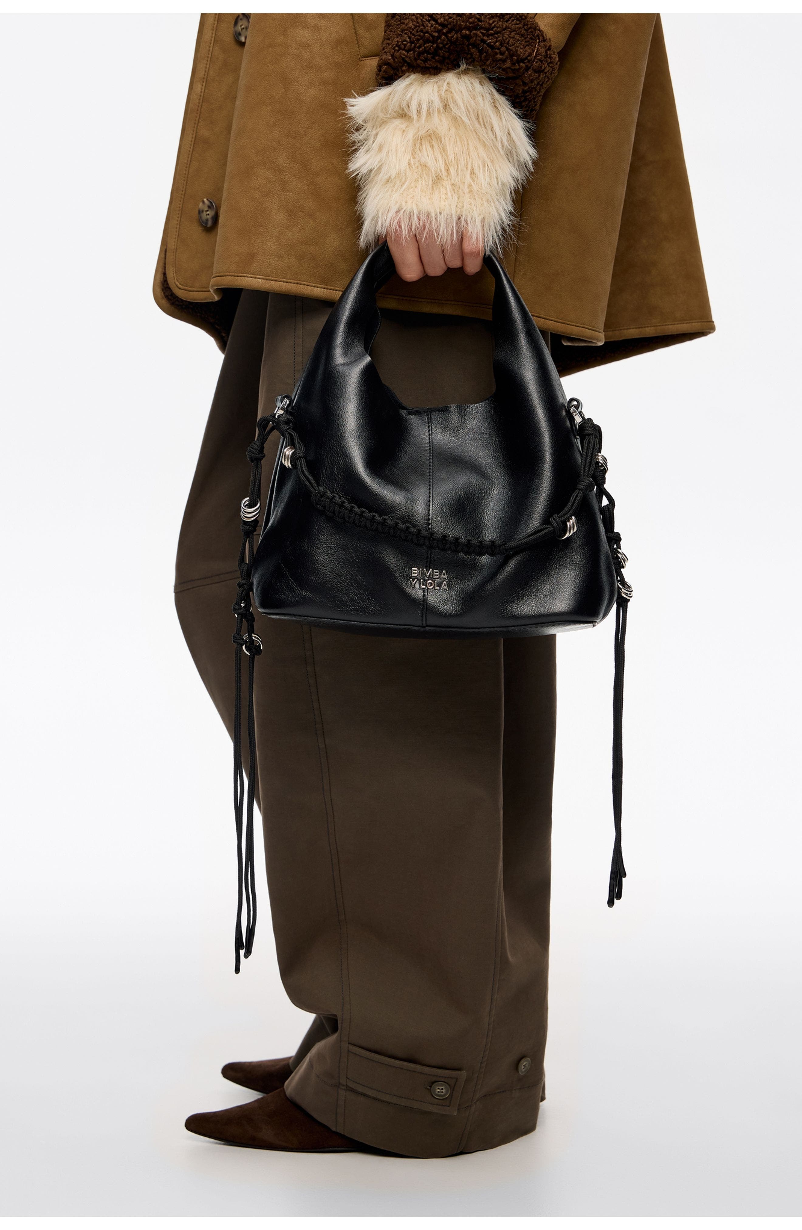 Bimba y Lola Leather Plaited Handle Paper Bag, Alternate, color, Black Chain