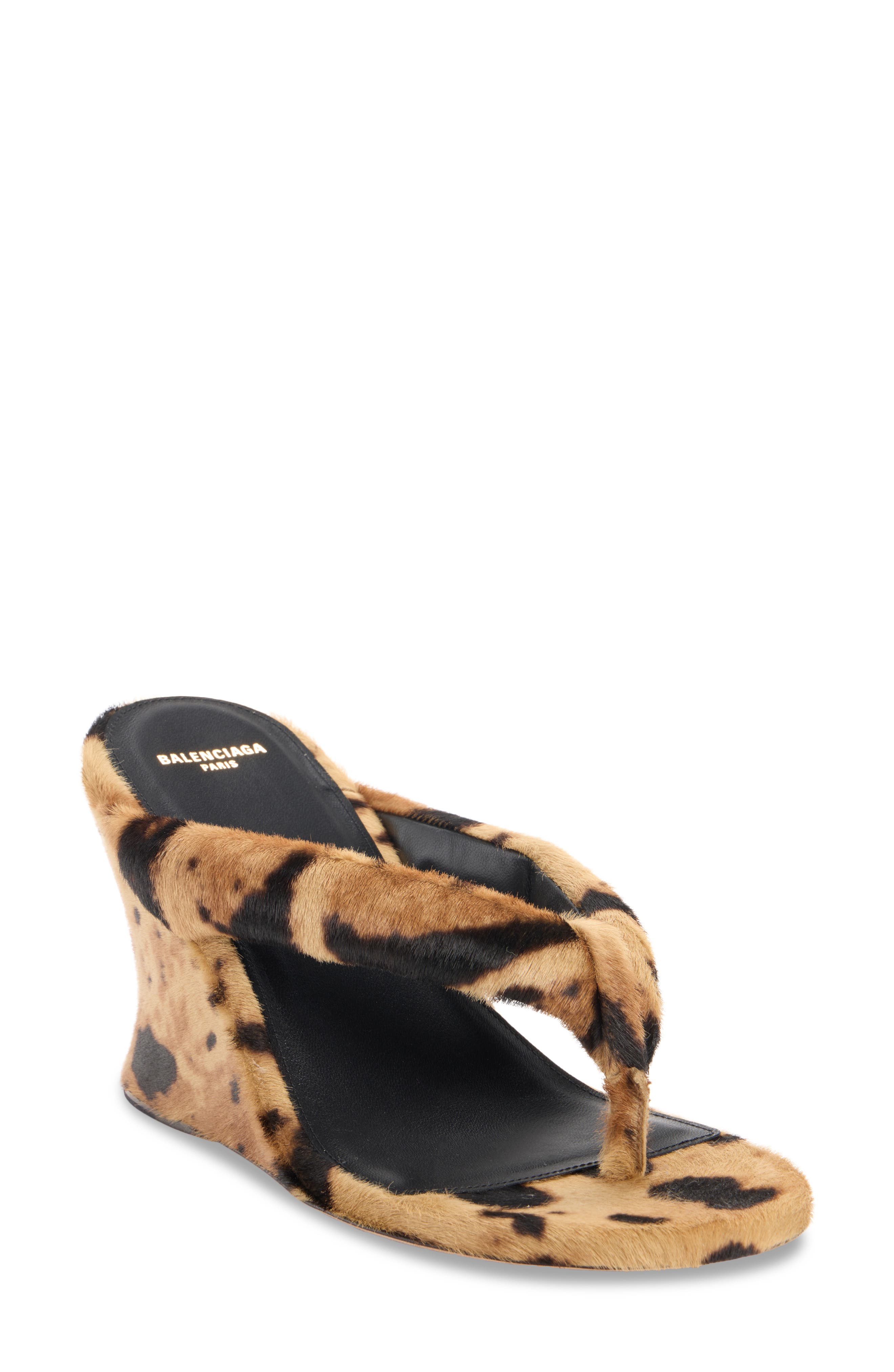 Balenciaga Gaeta Genuine Calf Hair Wedge Thong Sandal, Main, color, Beige/ Black Print Calf Hair