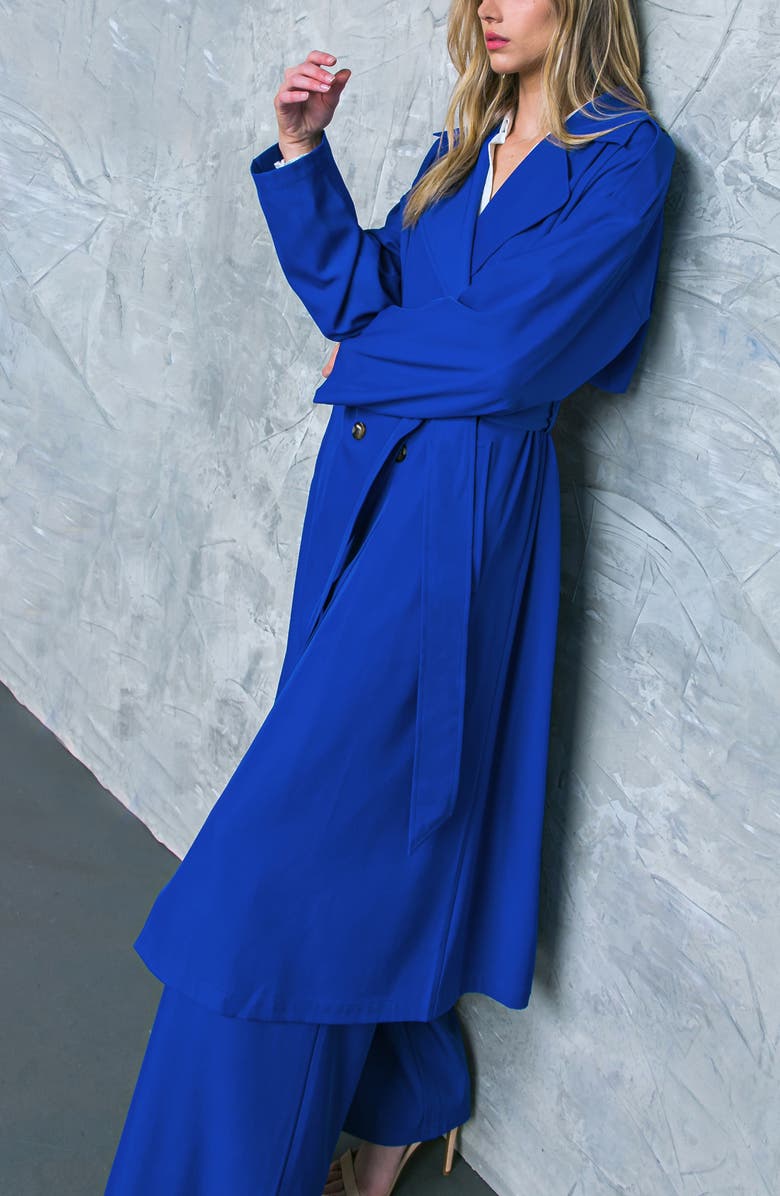 FLYING TOMATO Tie Waist Trench Coat, Alternate, color, Blue