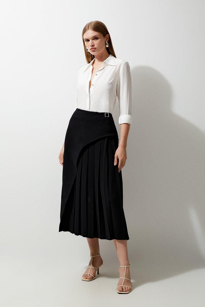 Buckle Detail Pleated Midi Skirt, Alternate, color, Black