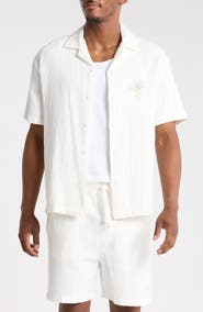 DENIM AND FLOWER Tropical Embroidered Linen Camp Shirt