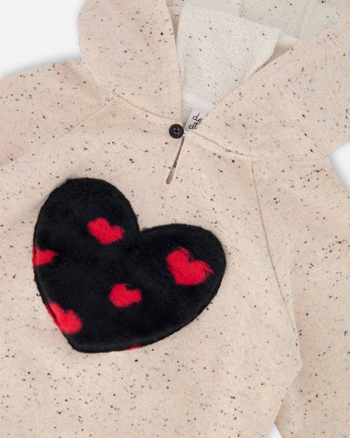 Deux Par Deux Glittering French Terry Hoodie With Heart Applique In Neutral
