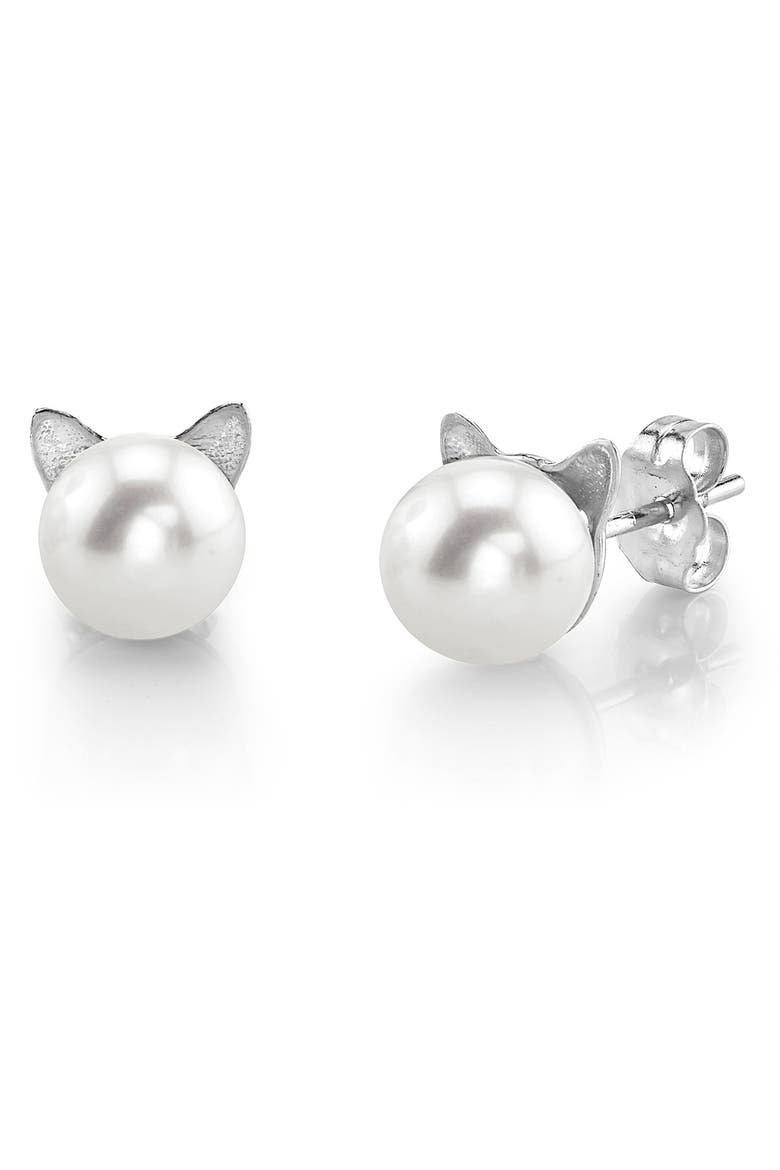 Freshwater Pearl Cat Cathy Earrings, Main, color, White Gold