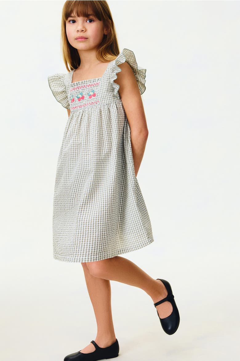 Flutter-sleeved Cotton Dress, Alternate, color, Light khaki green/raspberries