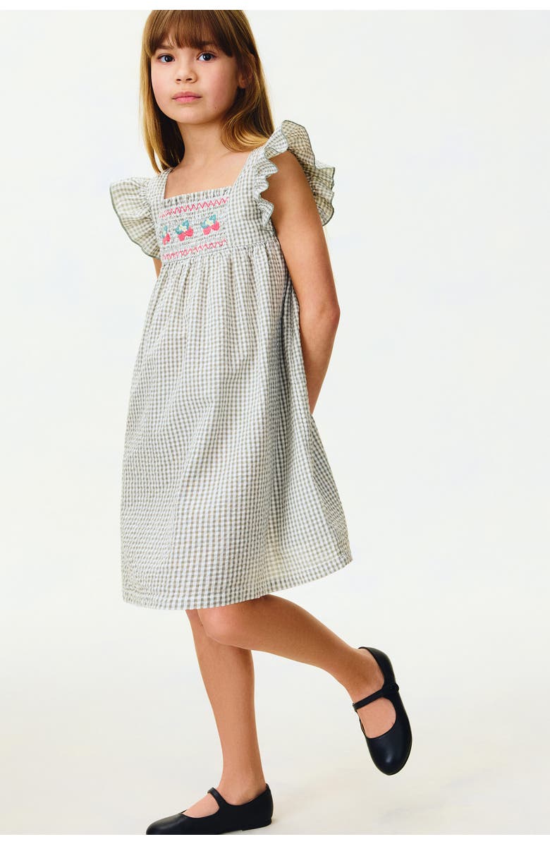 H&M Flutter-sleeved Cotton Dress, Alternate, color, Light Khaki Green/Raspberries