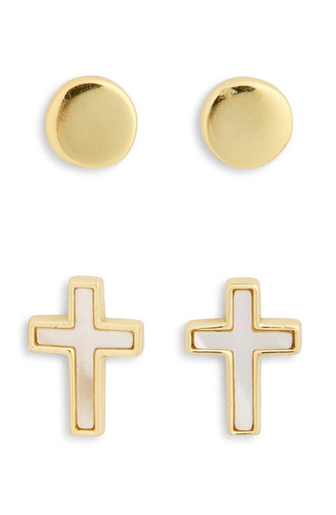 Set of 2 Button & Mother-of-Pearl Cross Stud Earrings