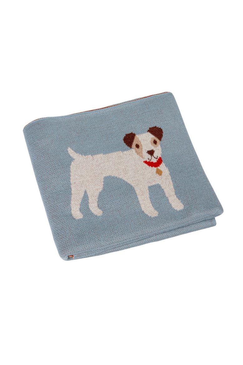 Cotton Knit Baby Blanket with Dog Prints, Multicolor, Main, color, Blue