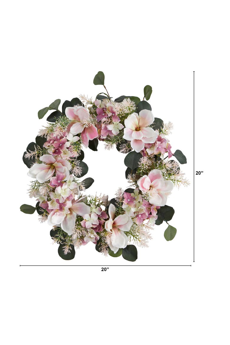 20-in Hydrangea and Magnolia Artificial Wreath, Alternate, color, Pink