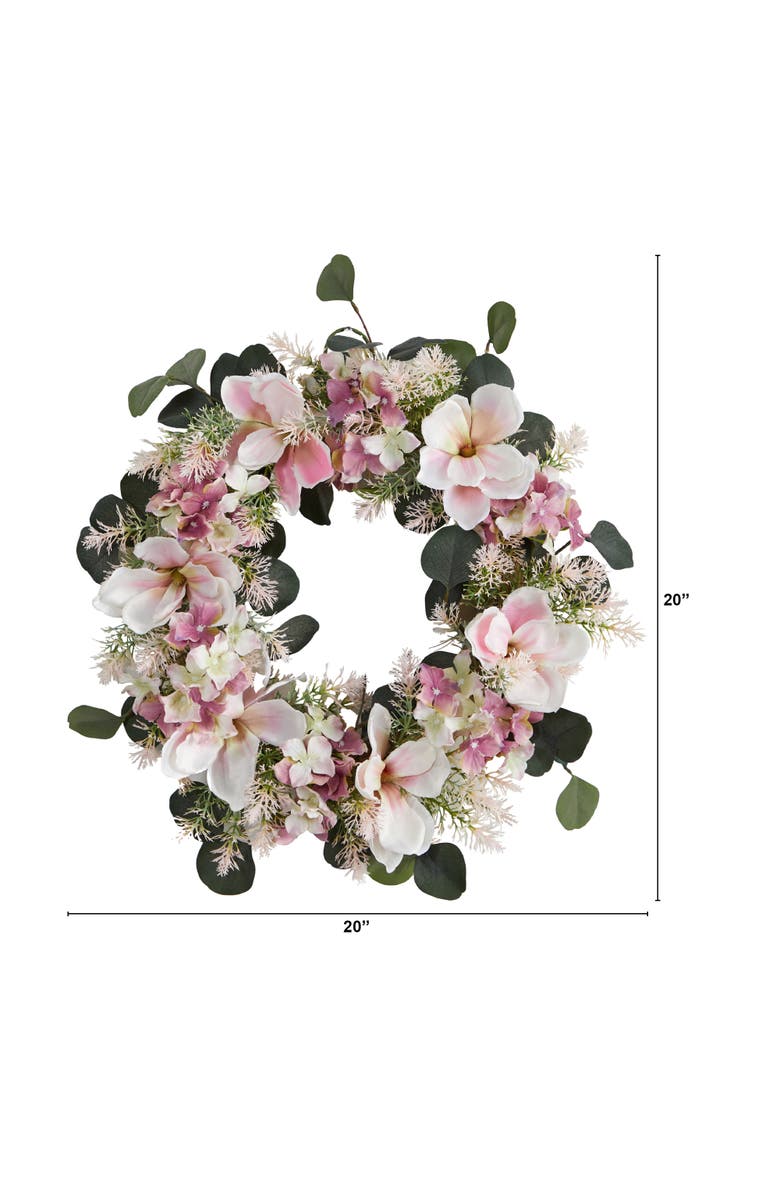 NEARLY NATURAL 20-in Hydrangea and Magnolia Artificial Wreath, Alternate, color, Pink
