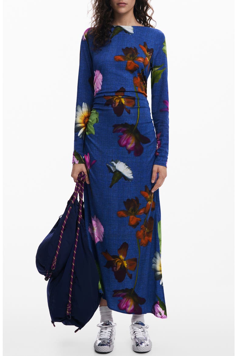 Floral Print Ruched Long Sleeve Maxi Dress, Main, color, DARK BLUE