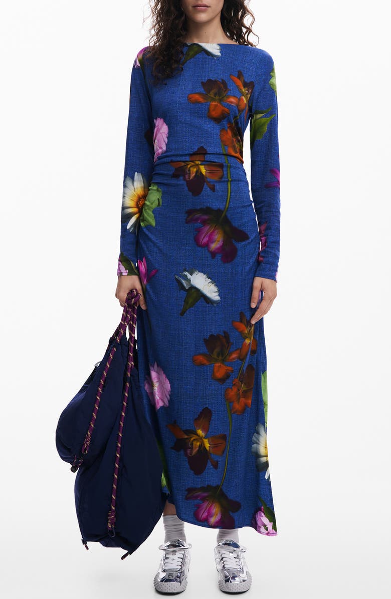 Desigual Floral Print Ruched Long Sleeve Maxi Dress, Main, color, Dark Blue