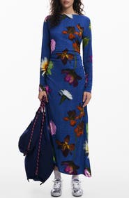 Desigual Floral Print Ruched Long Sleeve Maxi Dress
