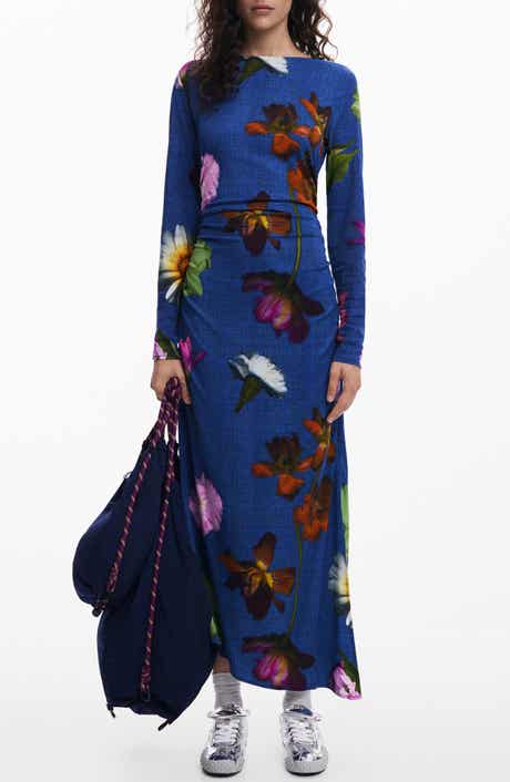 Desigual Floral Print Ruched Long Sleeve Maxi Dress