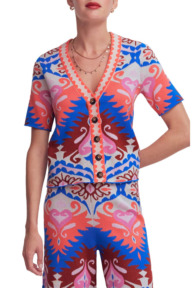 Short Sleeve Jacquard Cardigan, Main, color, AZTEC
