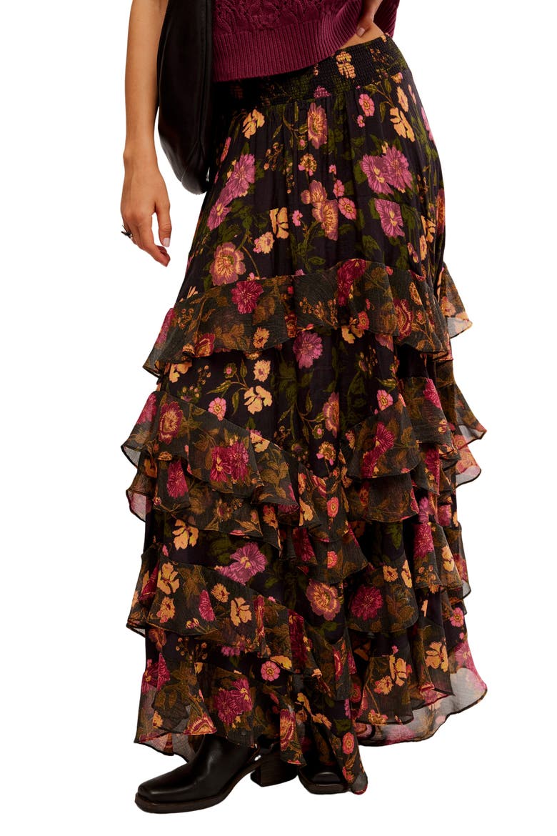 Lolita Floral Ruffle Maxi Skirt, Main, color, WASH BLACK COMBO