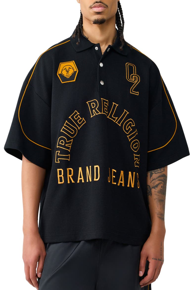 Oversize Logo Nylon Polo, Main, color, JET BLACK