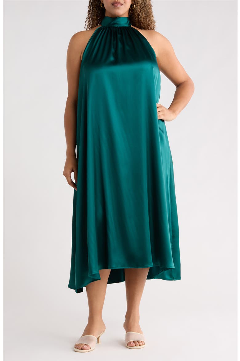 Satin Tie Neck Midi Dress, Main, color, HUNTER GREEN