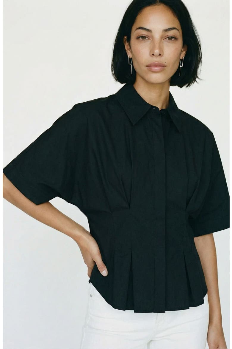 Pleated Button Half Placket Peplum Hem Shirt, Alternate, color, BLACK