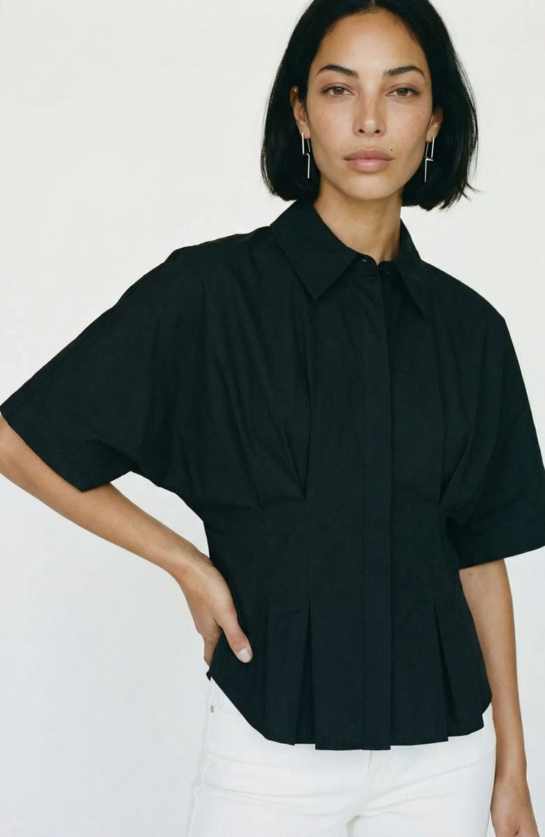 VERO MODA Pleated Button Half Placket Peplum Hem Shirt, Alternate, color, Black