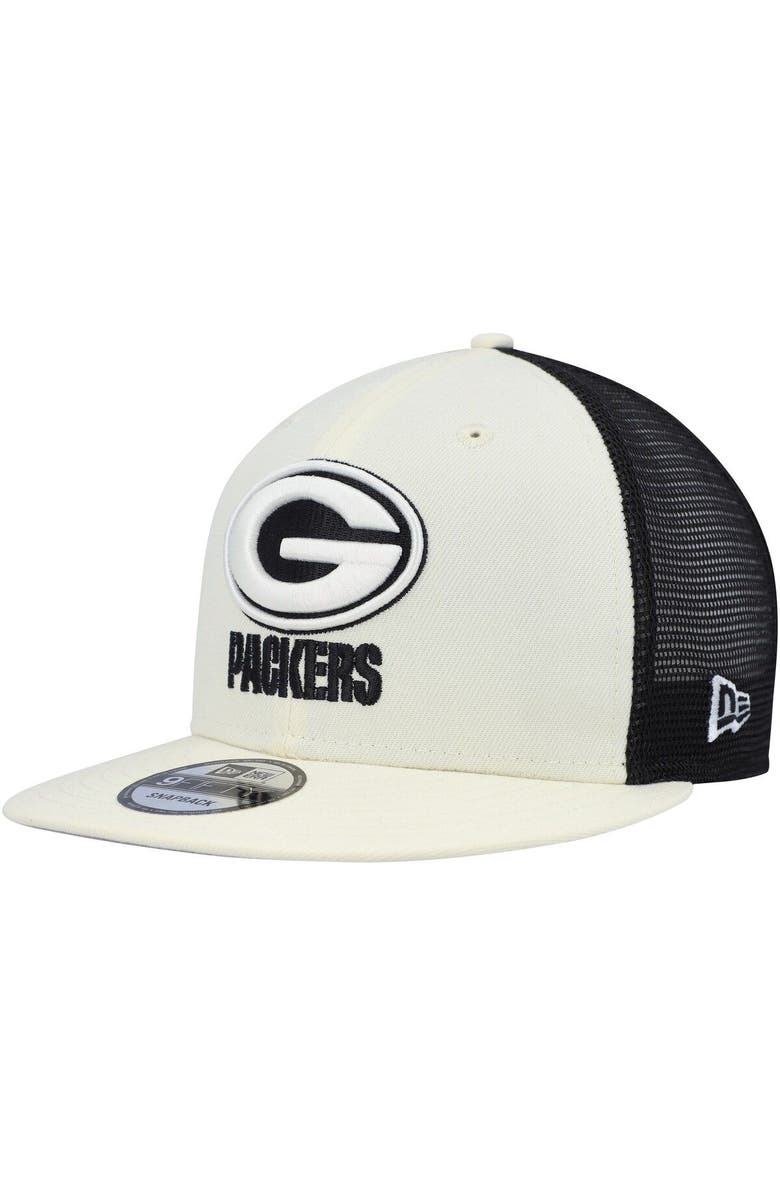 New Era Men's New Era Cream/Black Green Bay Packers Chrome Collection 9FIFTY Trucker Snapback Hat, Main, color,