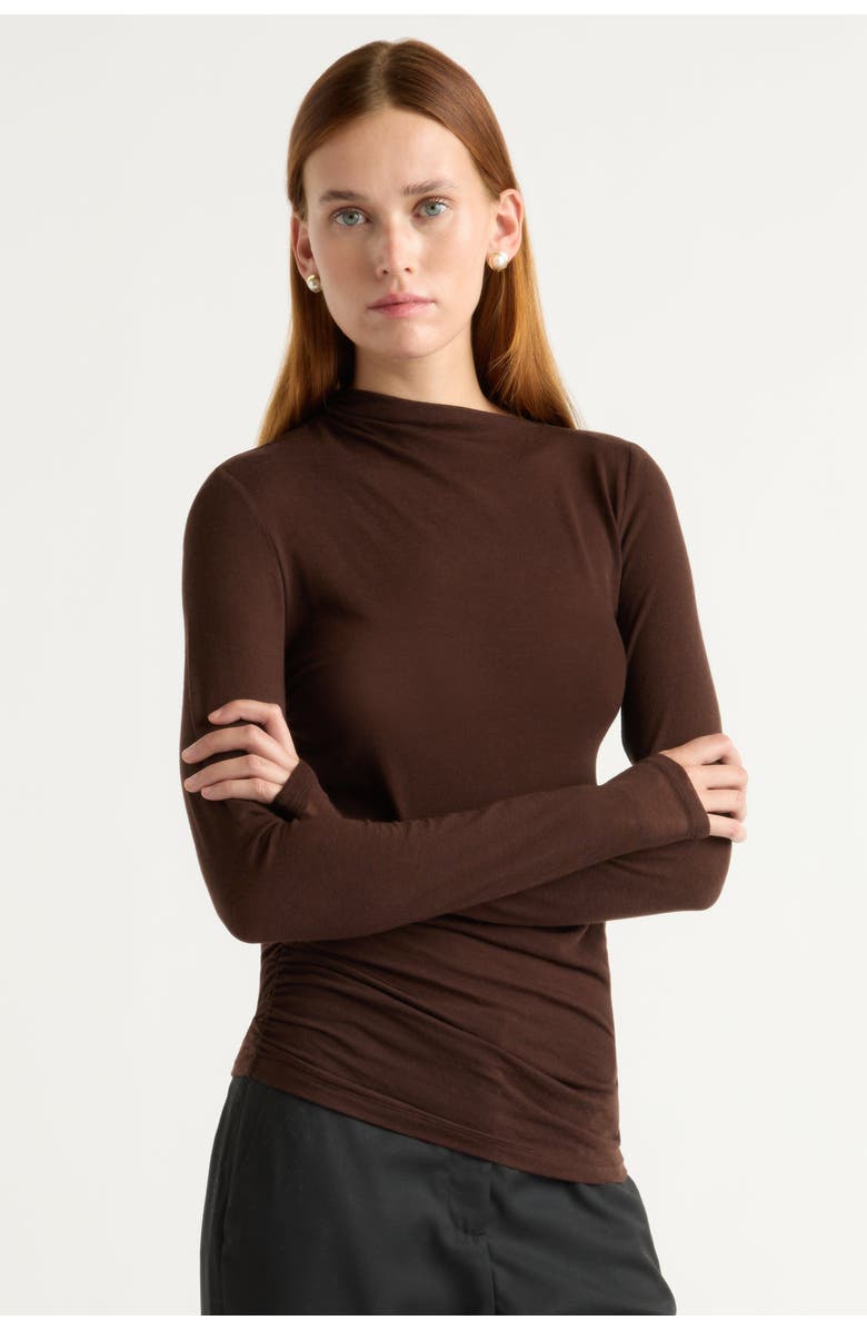 Modern Citizen Vittoria Asymmetric-Neck Semi-Sheer Ruched Tee, Main, color, Umber
