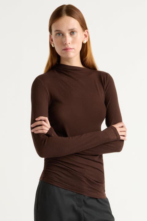 Vittoria Asymmetric-Neck Semi-Sheer Ruched Tee