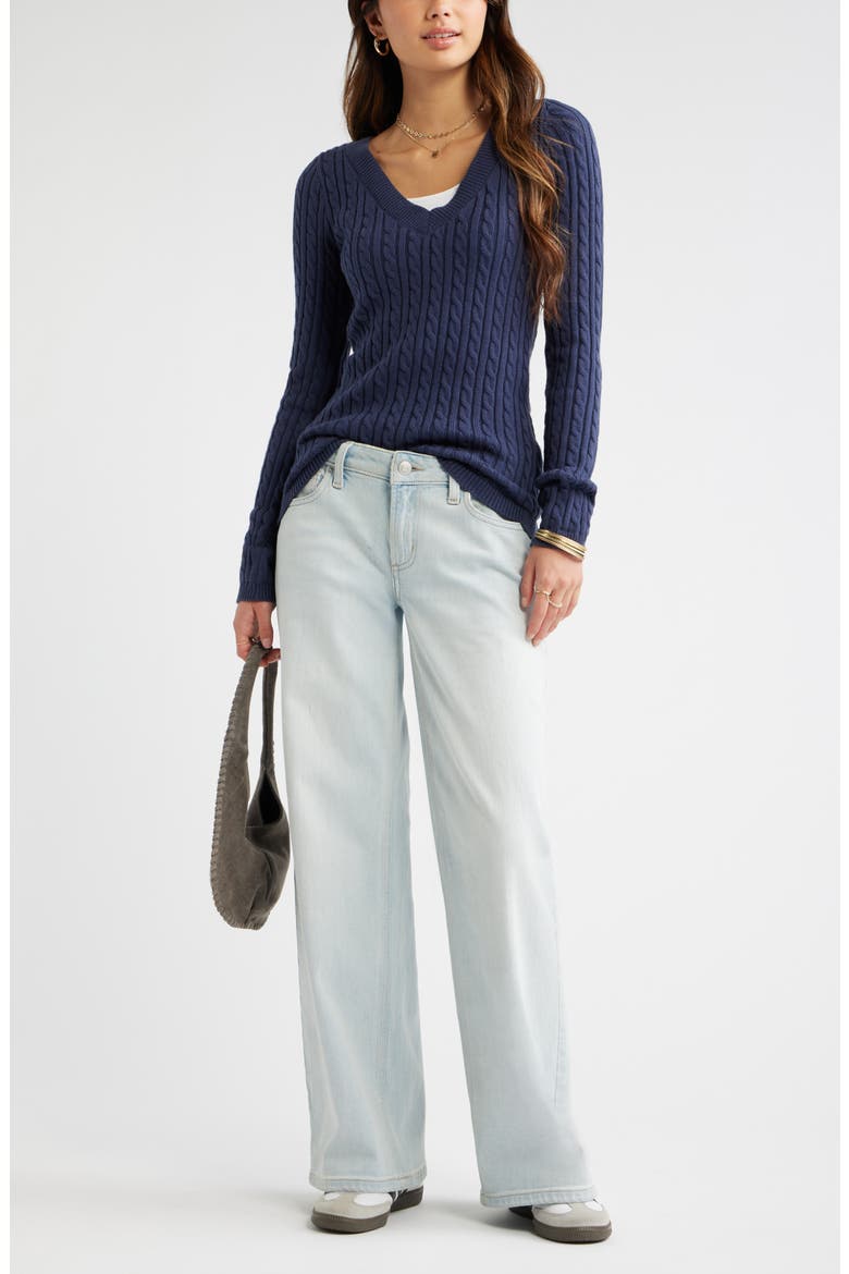 Cable Stitch V-Neck Sweater, Alternate, color, NAVY INDIGO