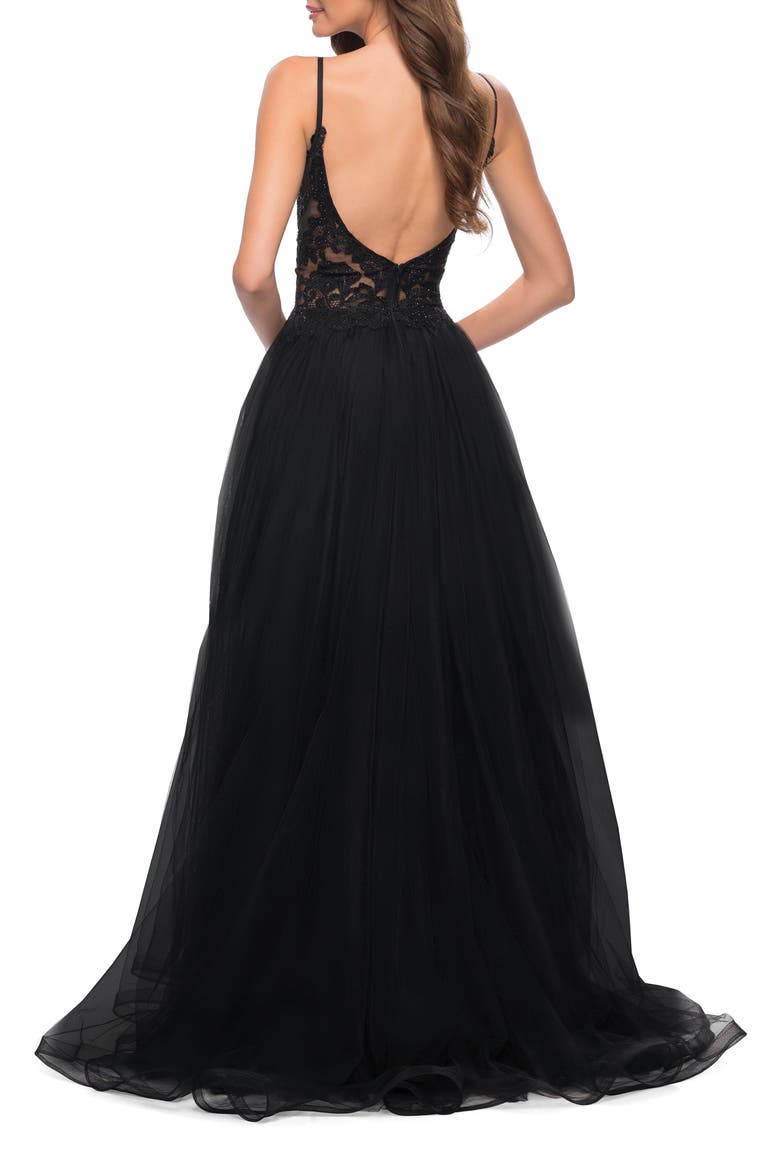 Tulle A Line Gown with Lace Rhinestone Bodice, Alternate, color, BLACK