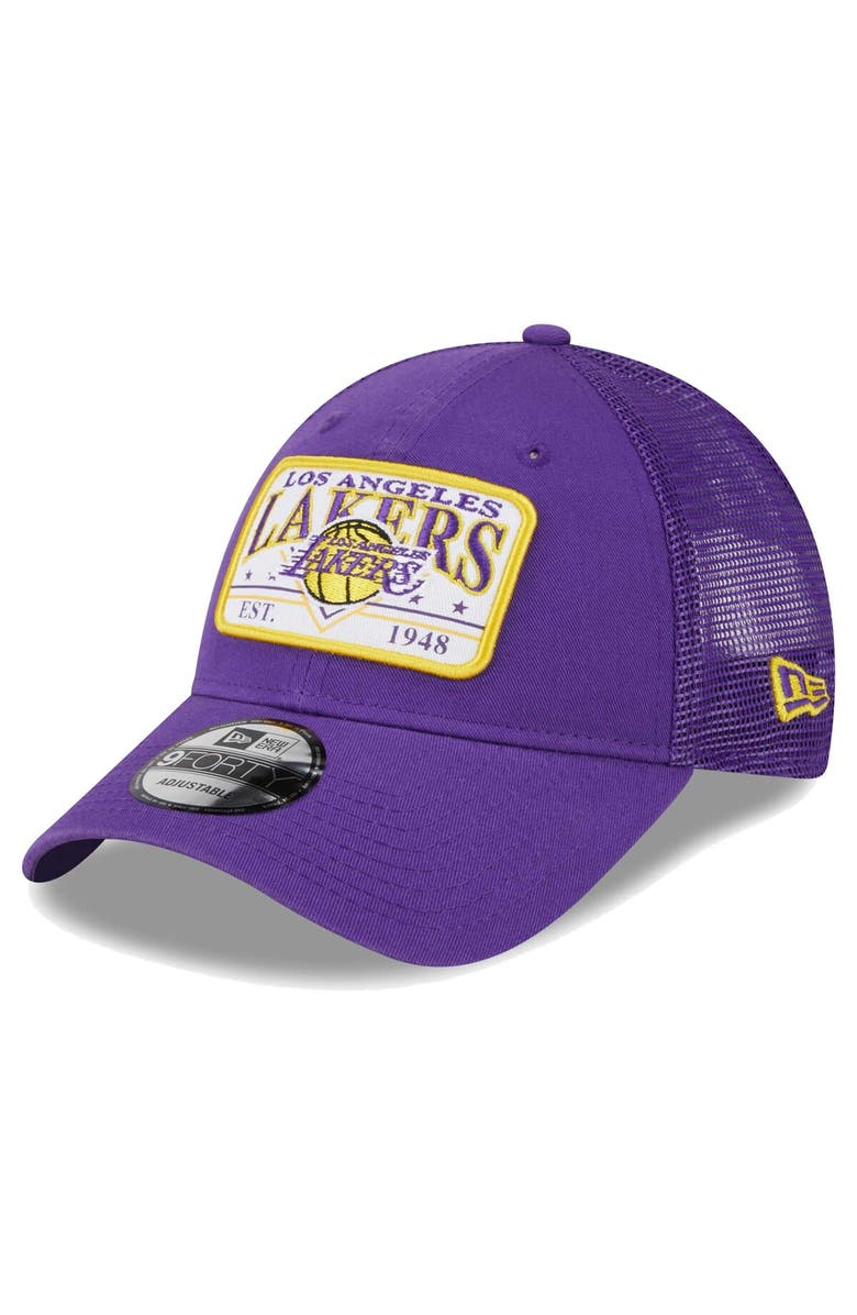 New Era Men's New Era Purple Los Angeles Lakers Plate Oversized Patch Trucker 9FORTY Adjustable Hat, Main, color, Purple