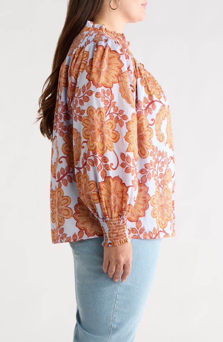 SUGARLIPS Siany Floral Debory Smocked Detail Button-Up Shirt, Alternate, color, Brown-Blu