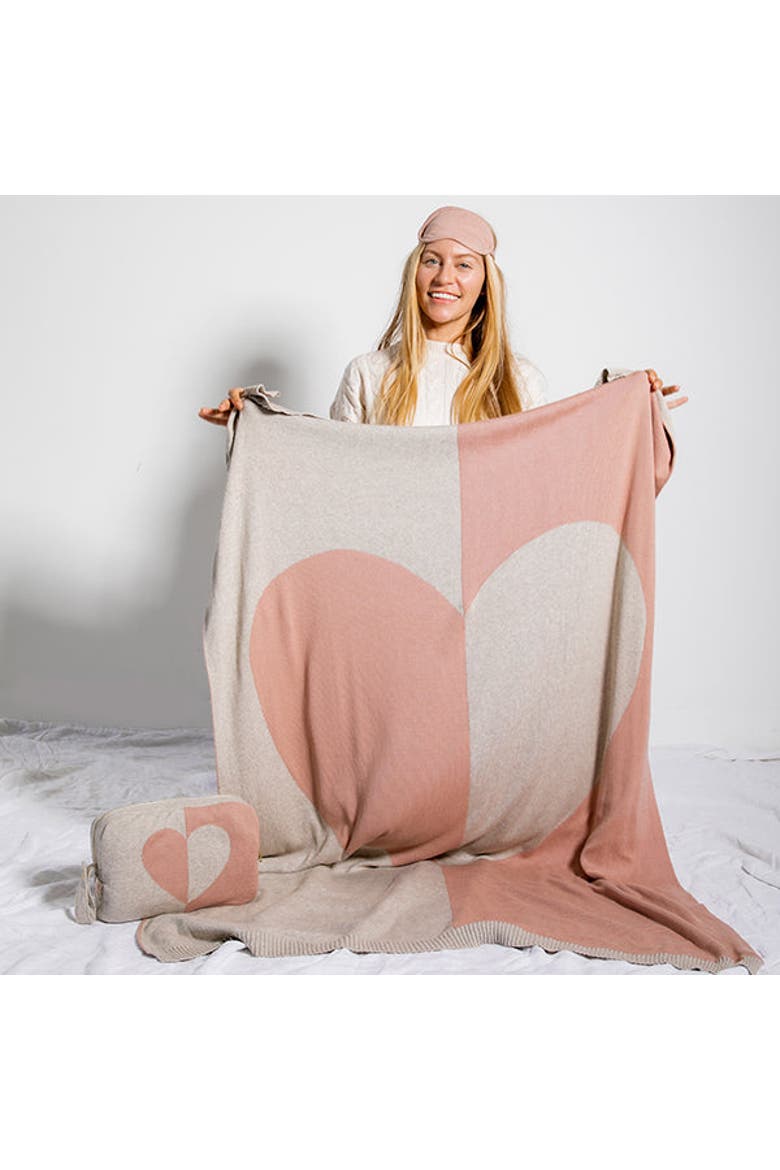 Dual Hearty Heart Organic Cotton Travel Blanket and Eye Mask Set, Main, color, Linen