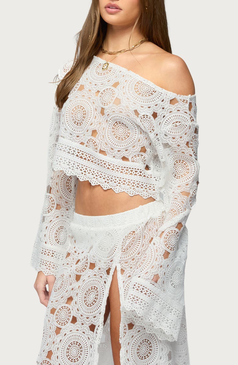 EDIKTED Milana One-Shoulder Sheer Lace Crop Top, Alternate, color, White