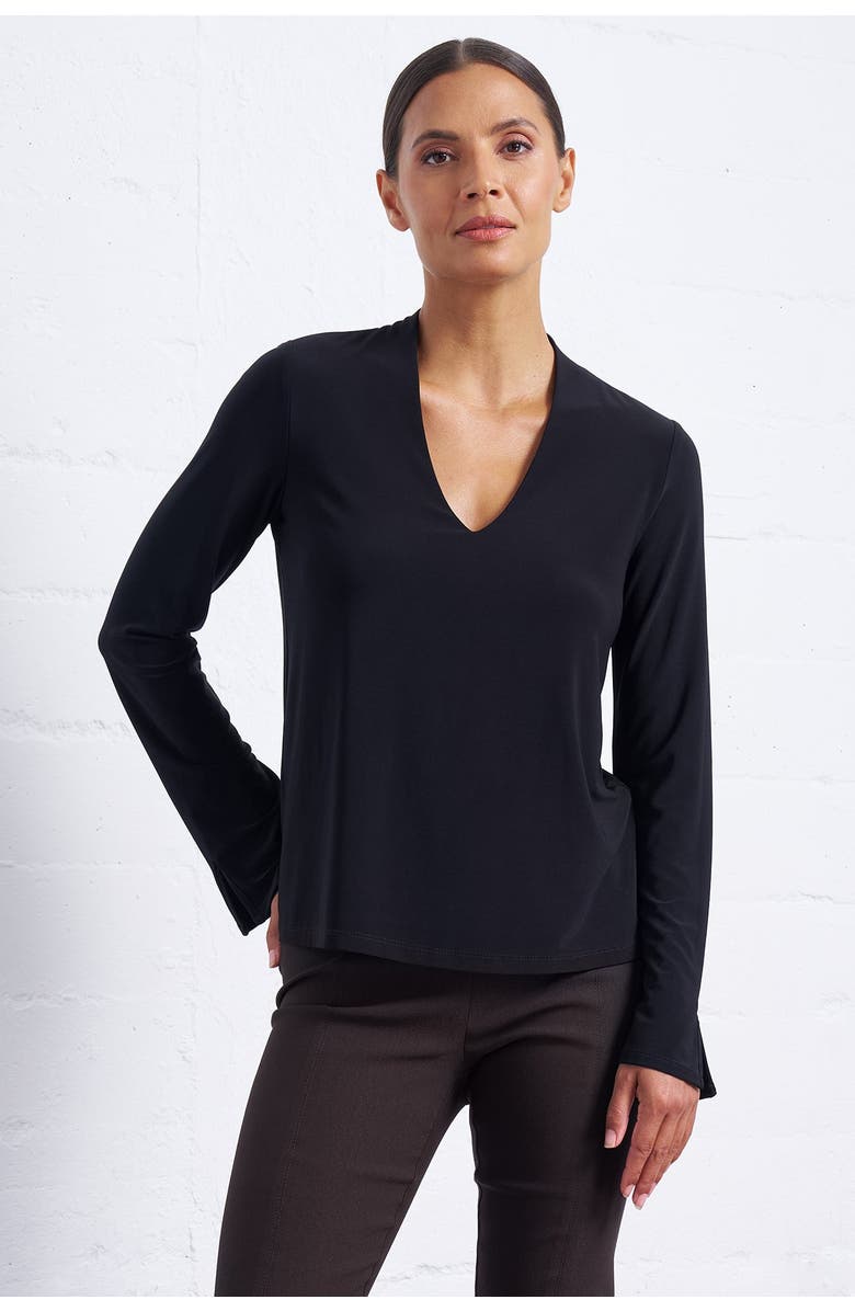 Franne Golde Luxe Stretch Long Sleeve V-Neck Top, Main, color, Black