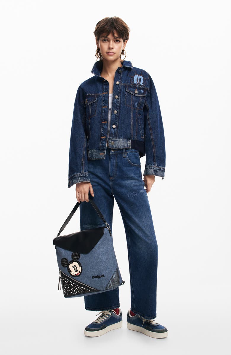 Desigual Mickey Mouse Metallic Graphic Denim Trucker Jacket, Alternate, color,