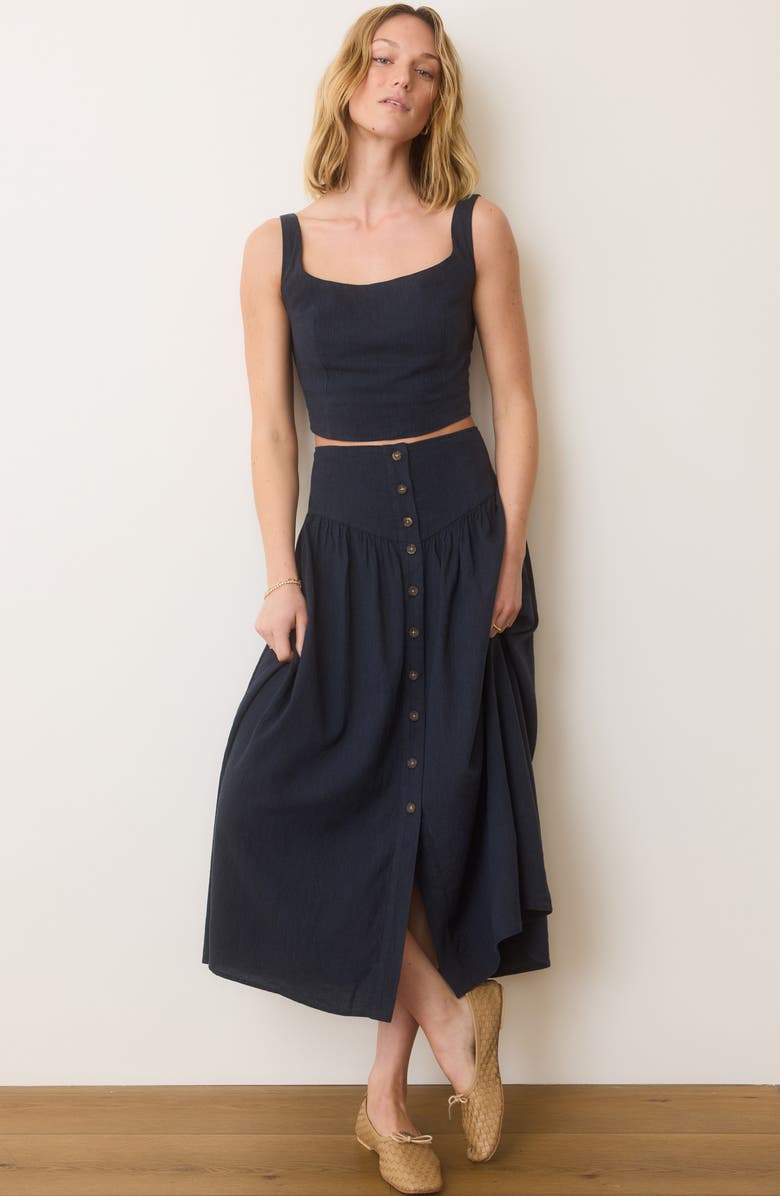 Marine Layer Jade Button Front Hemp Blend Midi Skirt, Alternate, color,