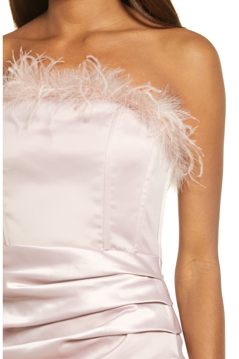 Feather Detail Strapless Satin Dress, Alternate, color, ROSE