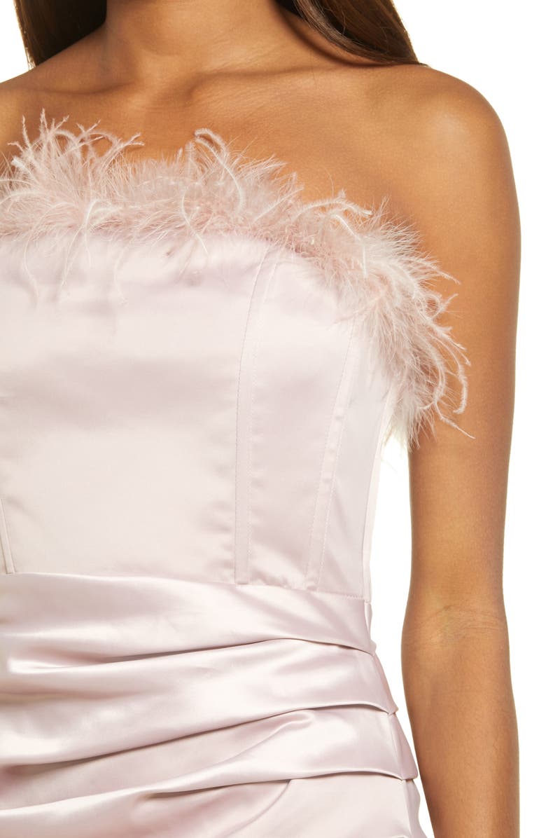 Lavish Alice Feather Detail Strapless Satin Dress, Alternate, color,
