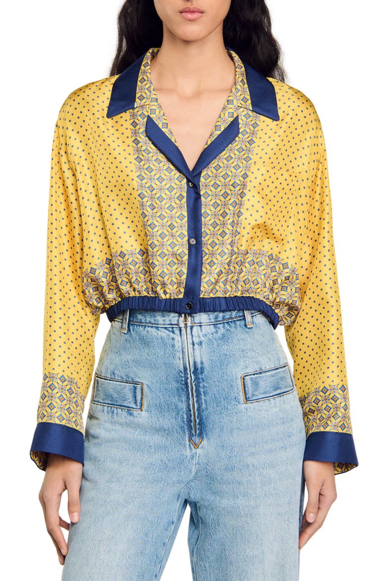 Short patterned flowing silk shirt, Main, color, Yellow / blu
