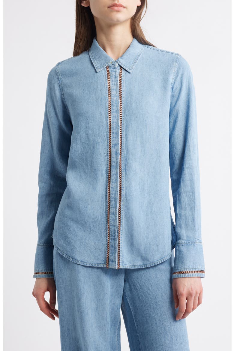 Chain Trim Denim Button-Up Shirt, Main, color, LIGHT BLUE