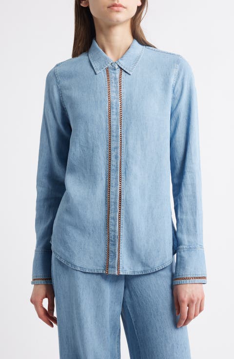 Chain Trim Denim Button-Up Shirt