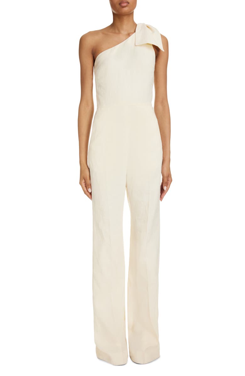 Chloé Bow Accent One-Shoulder Linen Canvas Jumpsuit, Main, color, 